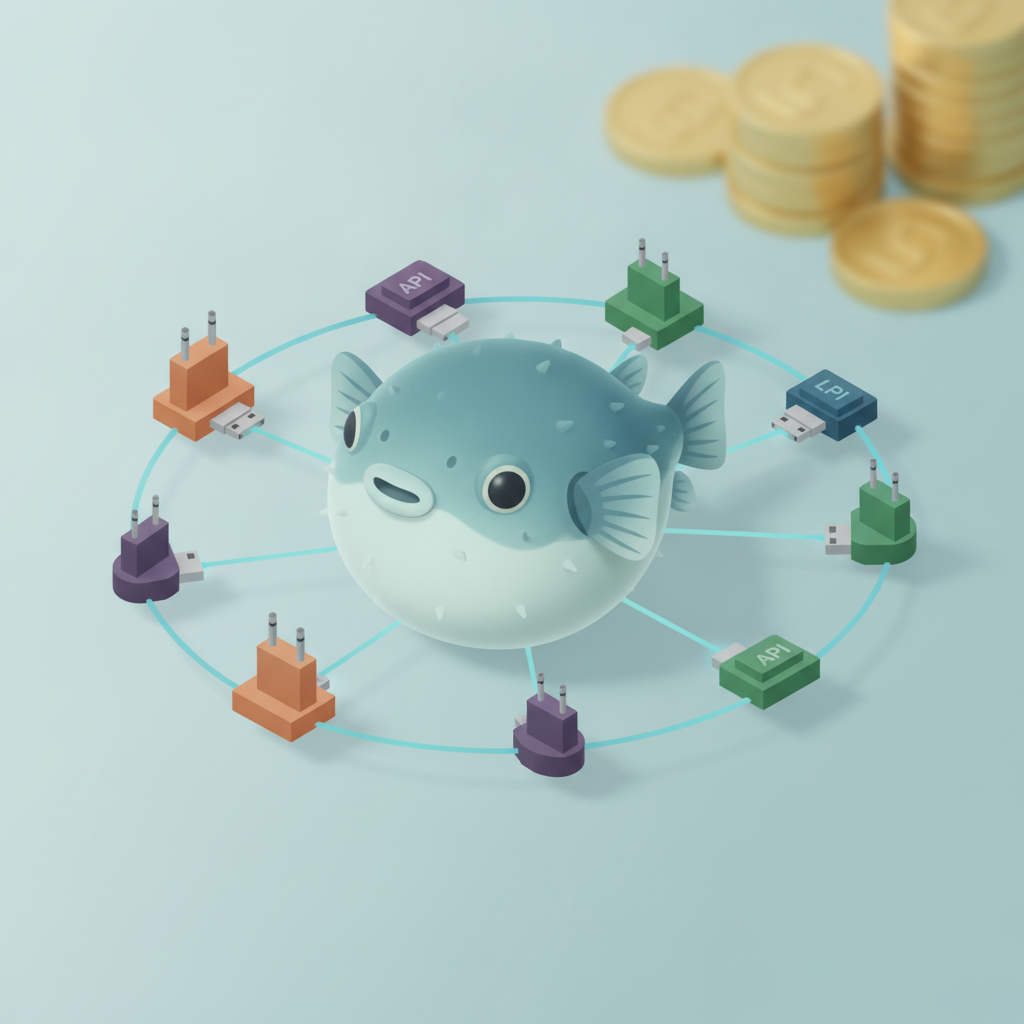 中央のふぐの周囲にAPIアダプターと通貨が配置されたイラスト