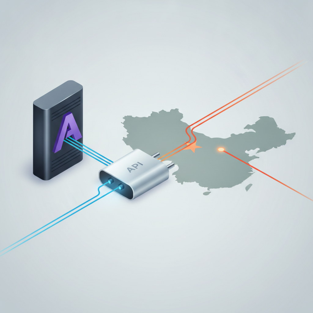 中央のAPIアダプターを介してAnthropic筐体と中国地図が接続される図