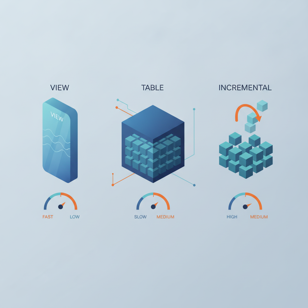 view / table / incremental の3種類のmaterializationを速度・ストレージ・再計算コストで比較する図